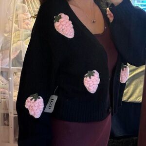 DZID Black Cardigan with Pink Strawberry Accents